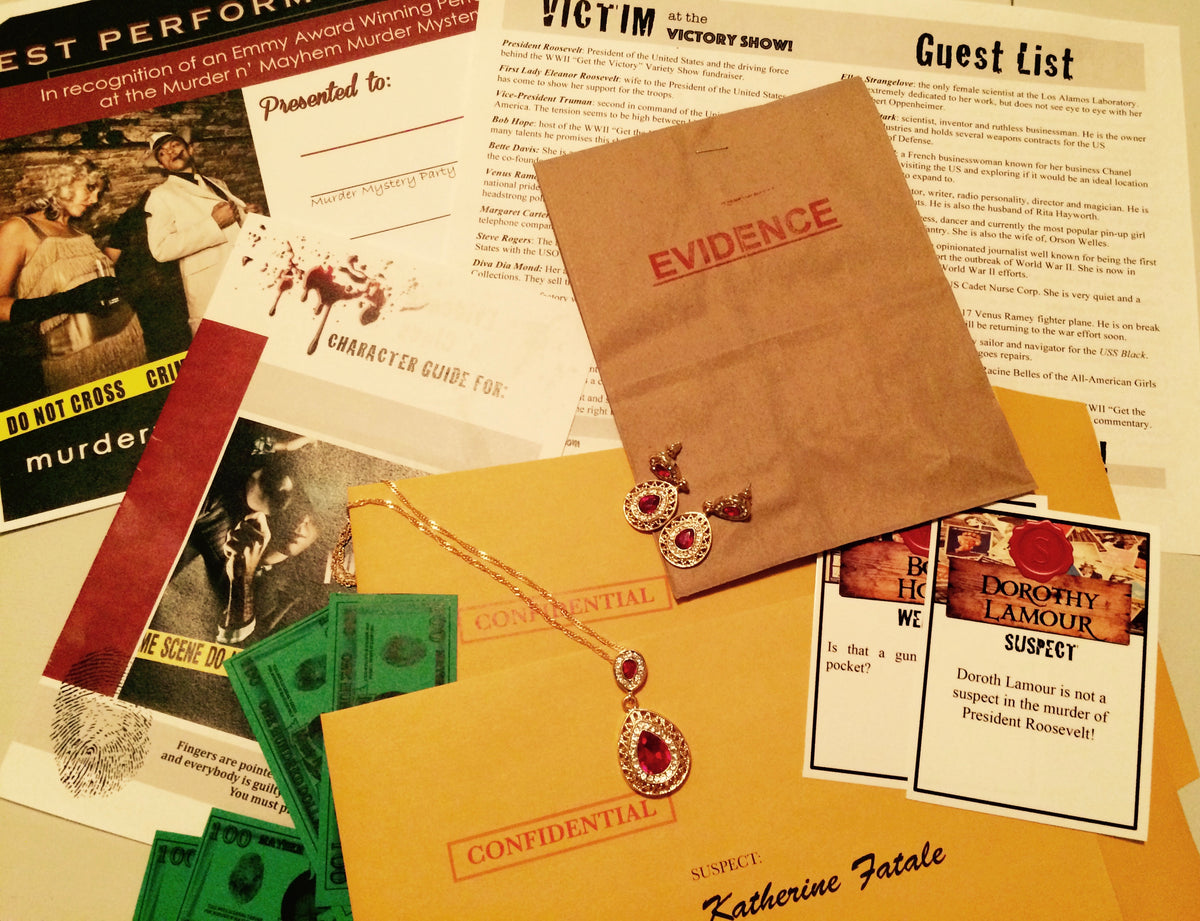 A styled flat-lay of a mystery or true crime themed evidence bag kit, featuring a brown paper evidence bag, a gold-colored necklace with a red gemstone pendant, gold and green fake dollar bills, and various printed character guides, suspect cards, and posters.