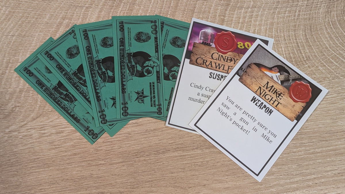 Fake game money and clue cards for Murder Mayhem party game